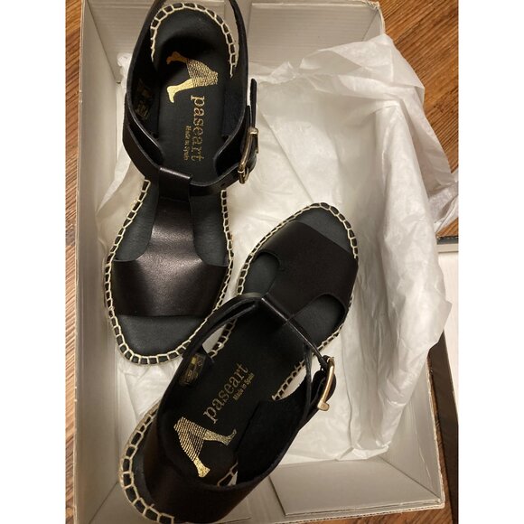 Paseart Espadrille Wedge Sandals Black Leather  Women's Size 6.5 US 37 EUR New - Picture 5 of 7
